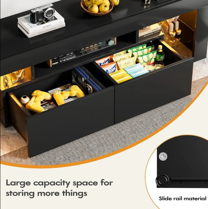 Modern LED TV Stand with Glass Shelves and Drawer for TVs up to 70"