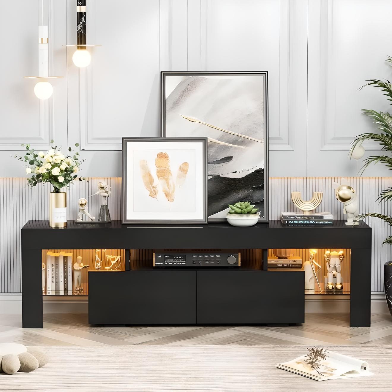 Modern LED TV Stand with Glass Shelves and Drawer for TVs up to 70"