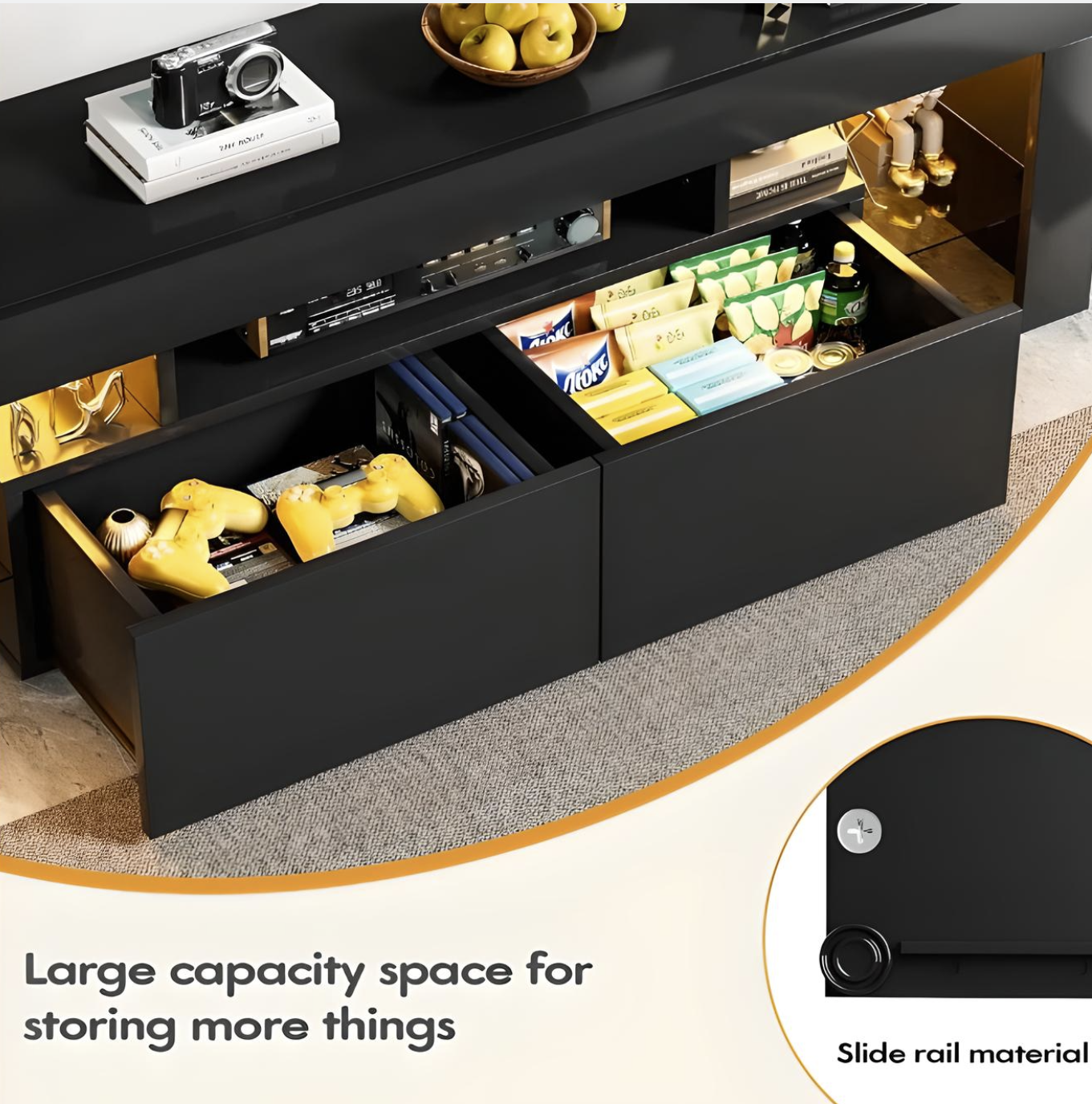 Modern LED TV Stand with Glass Shelves and Drawer for TVs up to 70"