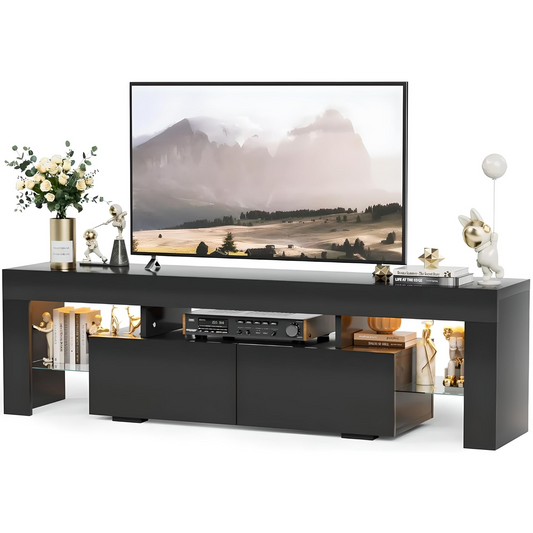 Modern LED TV Stand with Glass Shelves and Drawer for TVs up to 70"