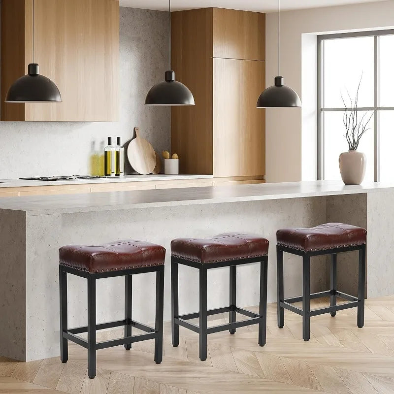 Set of 2 Bar Stools, Upholstered Modern Kitchen Stools with Metal Base