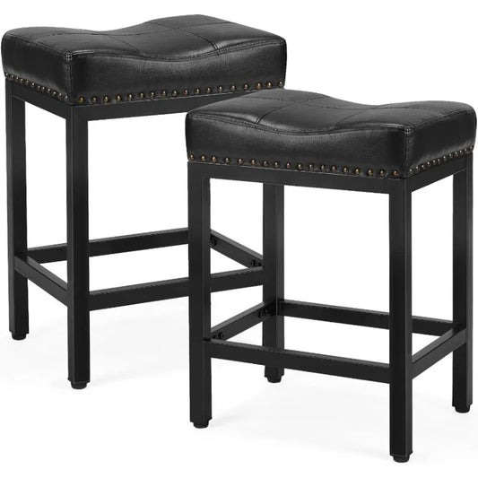 Set of 2 Bar Stools, Upholstered Modern Kitchen Stools with Metal Base