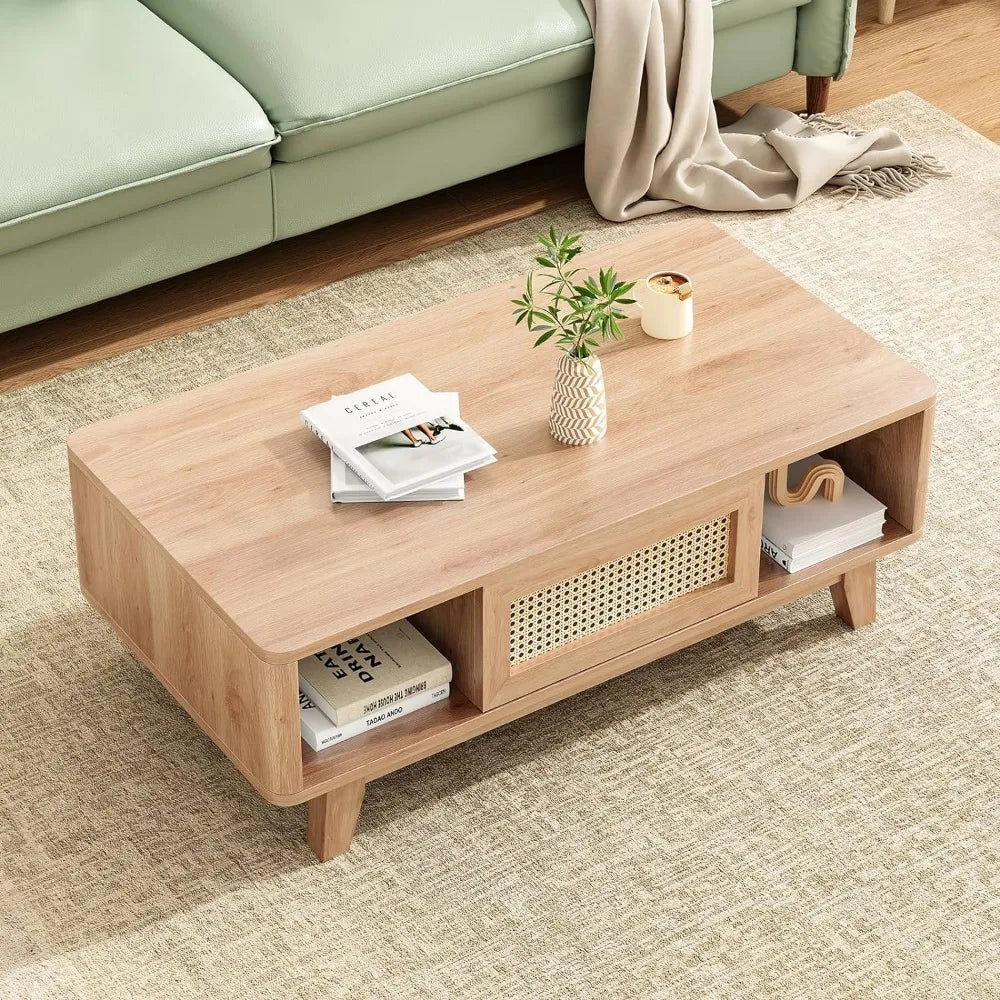 Mid-Century Modern Coffee Table with Rattan Drawer and Storage