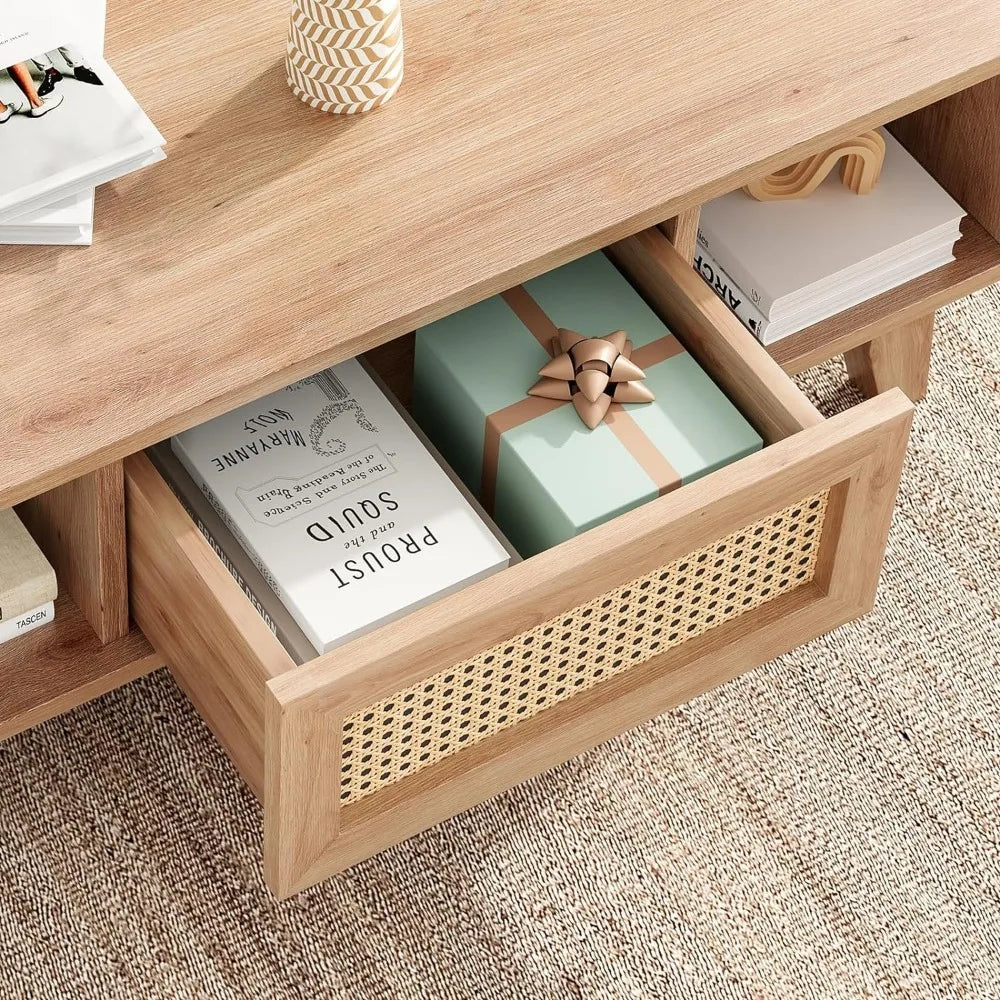 Mid-Century Modern Coffee Table with Rattan Drawer and Storage