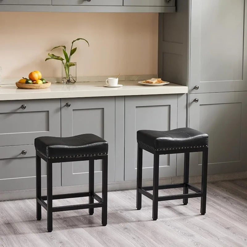 Set of 2 Bar Stools, Upholstered Modern Kitchen Stools with Metal Base